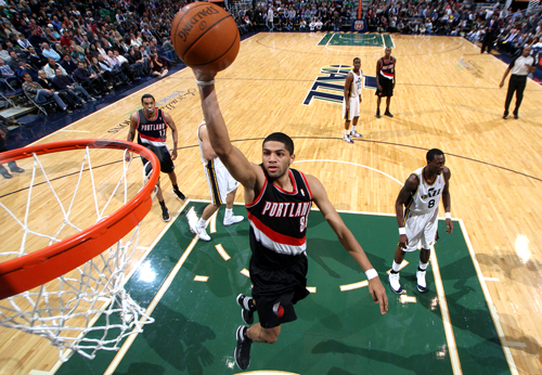 Time will tell: Small forward Nicolas Batum hits a dunk against the Utah Jazz. The condensed NBA schedule has given Portland mixed results this season.