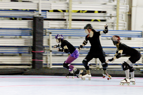 Making the cut: Women training to join RCR’s competition teams run drills during a Fresh Meat practice session. If selected, they will compete against other roller derby squads before an audience of hundreds.