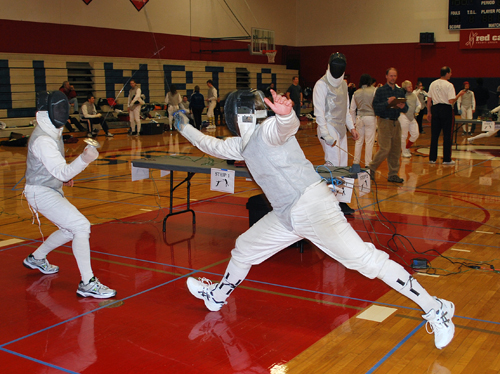 Seeing red: Club president Todd Young (right) competes in a match at Columbia College’s Red Devil Duel event.